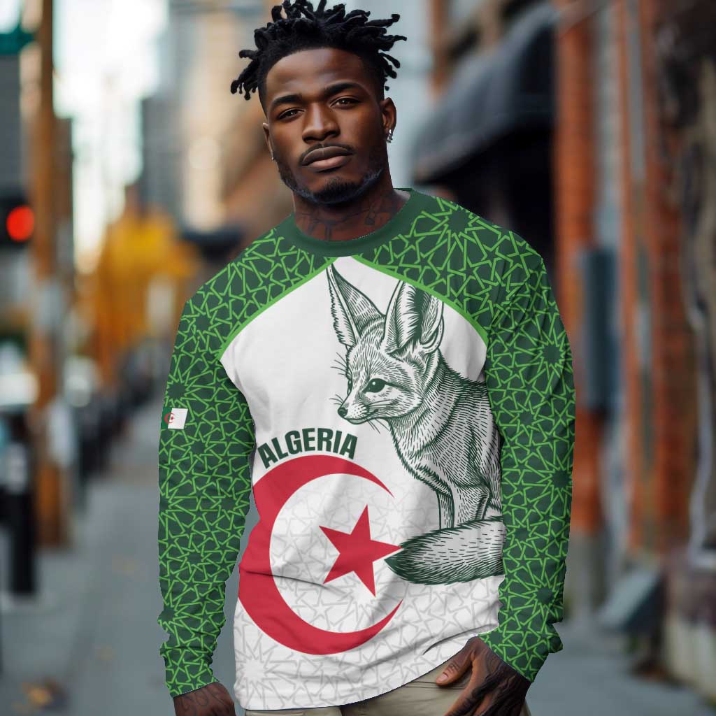Custom Algeria Football Long Sleeve Shirt 2026 Go Greens Fennec With Islamic Pattern - Wonder Print Shop