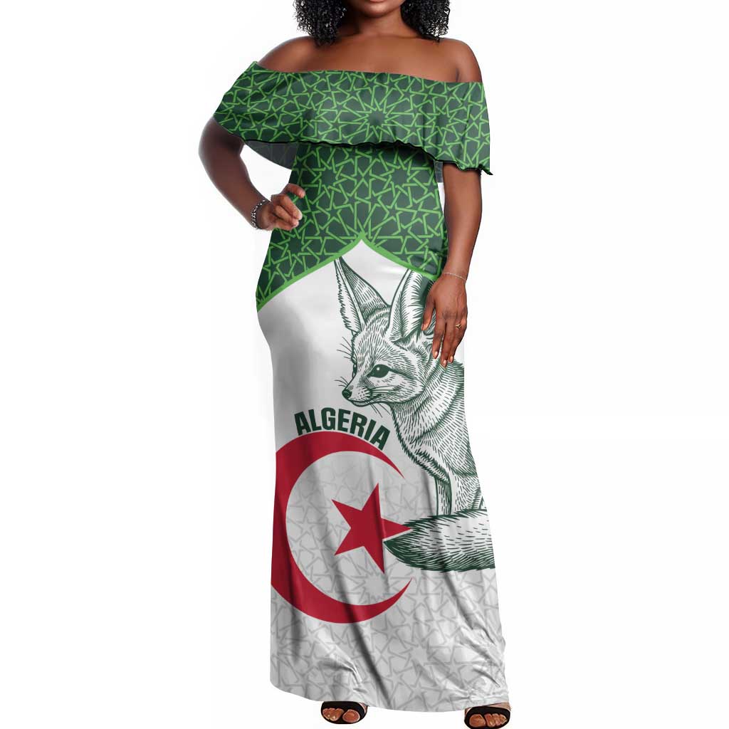 Custom Algeria Football Off Shoulder Maxi Dress 2026 Go Greens Fennec With Islamic Pattern - Wonder Print Shop