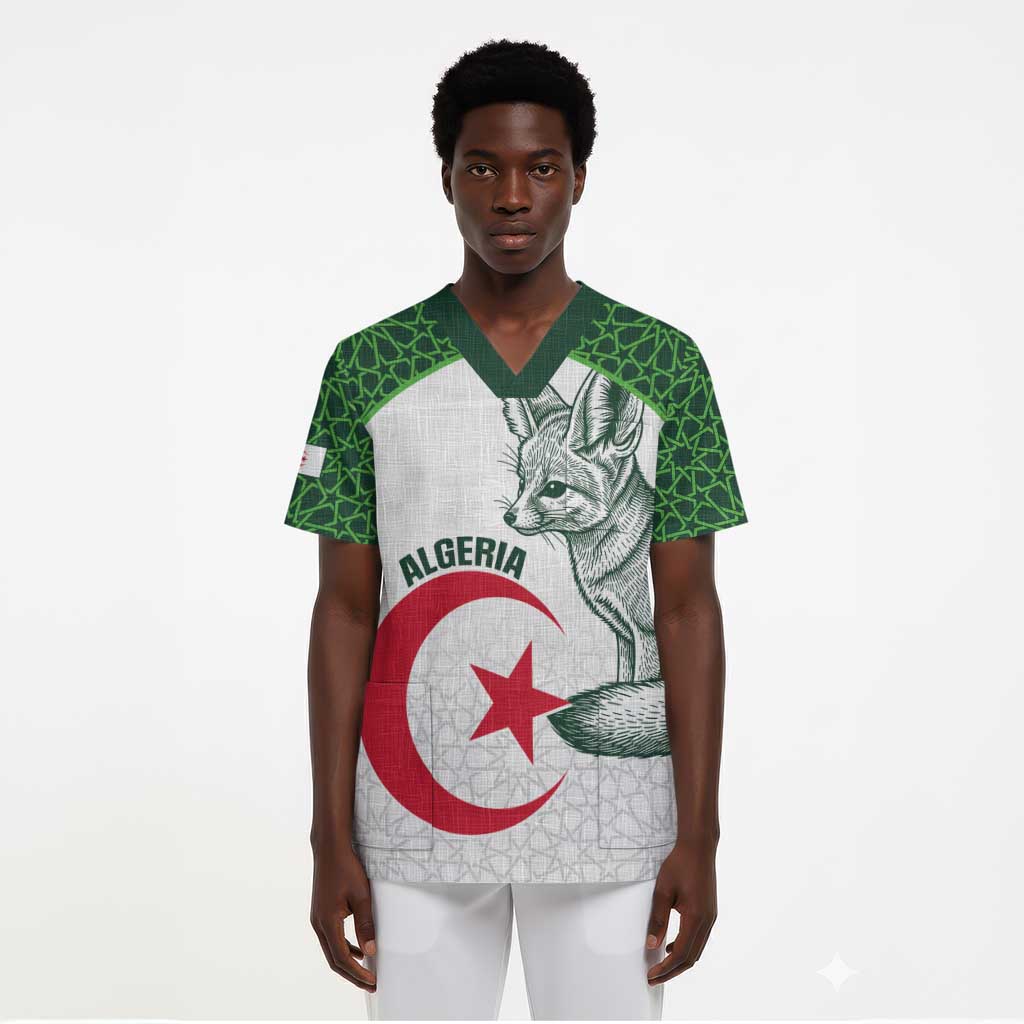 Custom Algeria Football Scrub Top 2026 Go Greens Fennec With Islamic Pattern - Wonder Print Shop