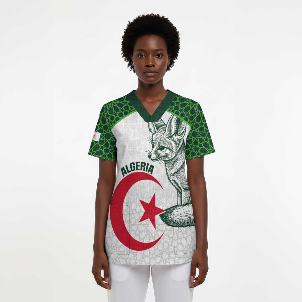 Custom Algeria Football Scrub Top 2026 Go Greens Fennec With Islamic Pattern - Wonder Print Shop