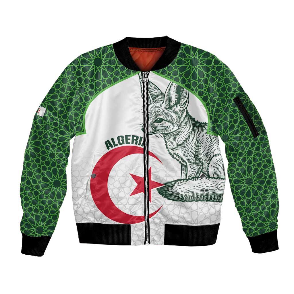 Custom Algeria Football Sleeve Zip Bomber Jacket 2026 Go Greens Fennec With Islamic Pattern - Wonder Print Shop