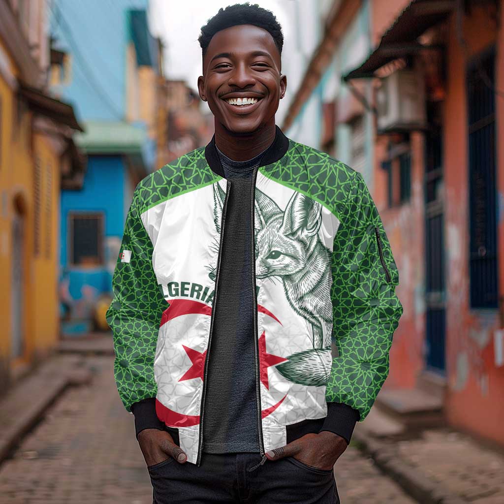 Custom Algeria Football Sleeve Zip Bomber Jacket 2026 Go Greens Fennec With Islamic Pattern - Wonder Print Shop