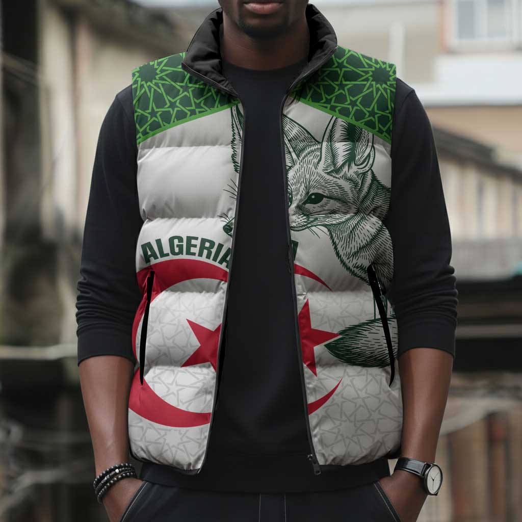 Custom Algeria Football Sleeveless Puffer Jacket 2026 Go Greens Fennec With Islamic Pattern - Wonder Print Shop