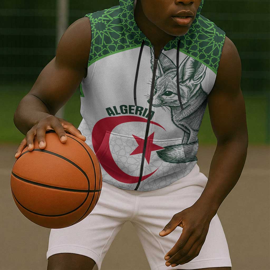 Custom Algeria Football Sleeveless Zip Hoodie 2026 Go Greens Fennec With Islamic Pattern - Wonder Print Shop