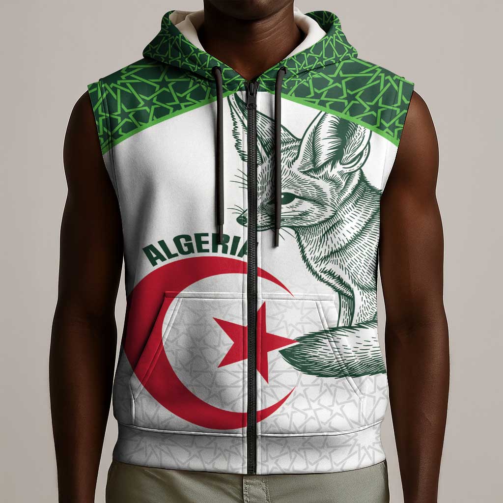 Custom Algeria Football Sleeveless Zip Hoodie 2026 Go Greens Fennec With Islamic Pattern - Wonder Print Shop