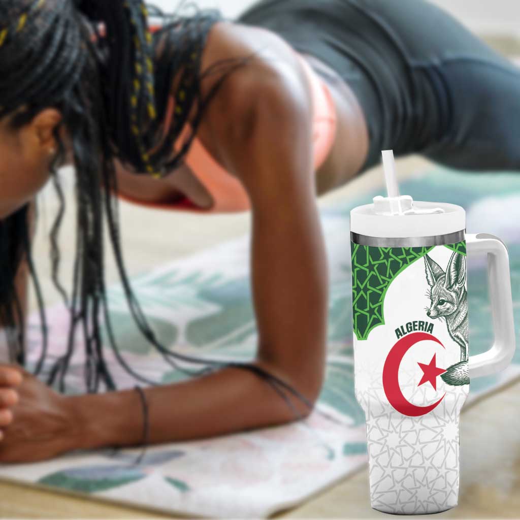 Custom Algeria Football Tumbler With Handle 2026 Go Greens Fennec With Islamic Pattern - Wonder Print Shop