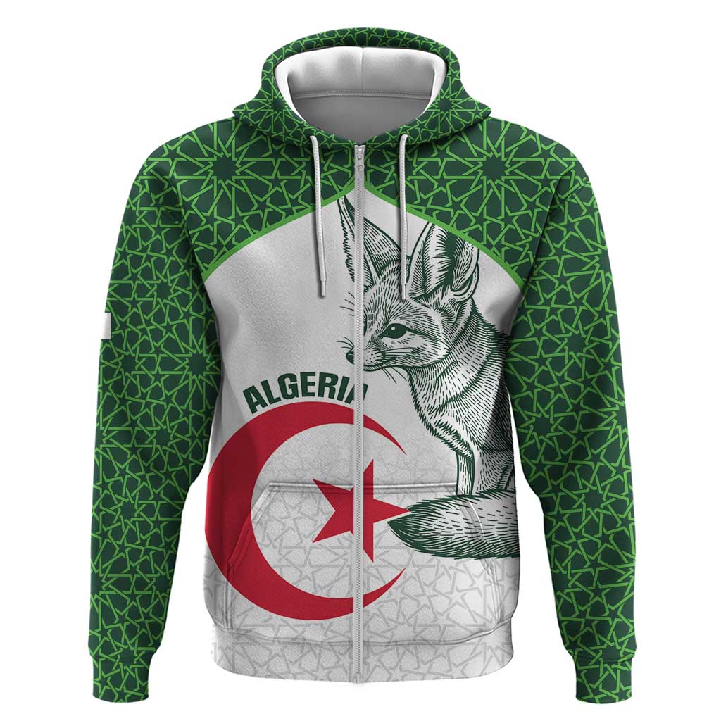 Custom Algeria Football Zip Hoodie 2026 Go Greens Fennec With Islamic Pattern - Wonder Print Shop