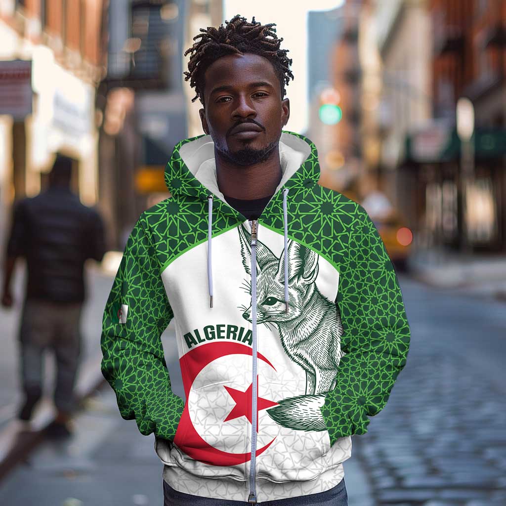 Custom Algeria Football Zip Hoodie 2026 Go Greens Fennec With Islamic Pattern - Wonder Print Shop