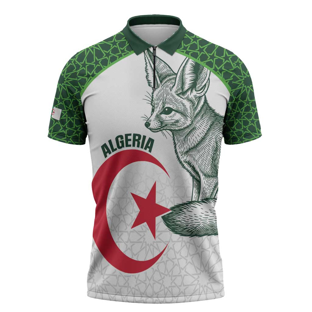 Custom Algeria Football Zipper Polo Shirt 2026 Go Greens Fennec With Islamic Pattern - Wonder Print Shop