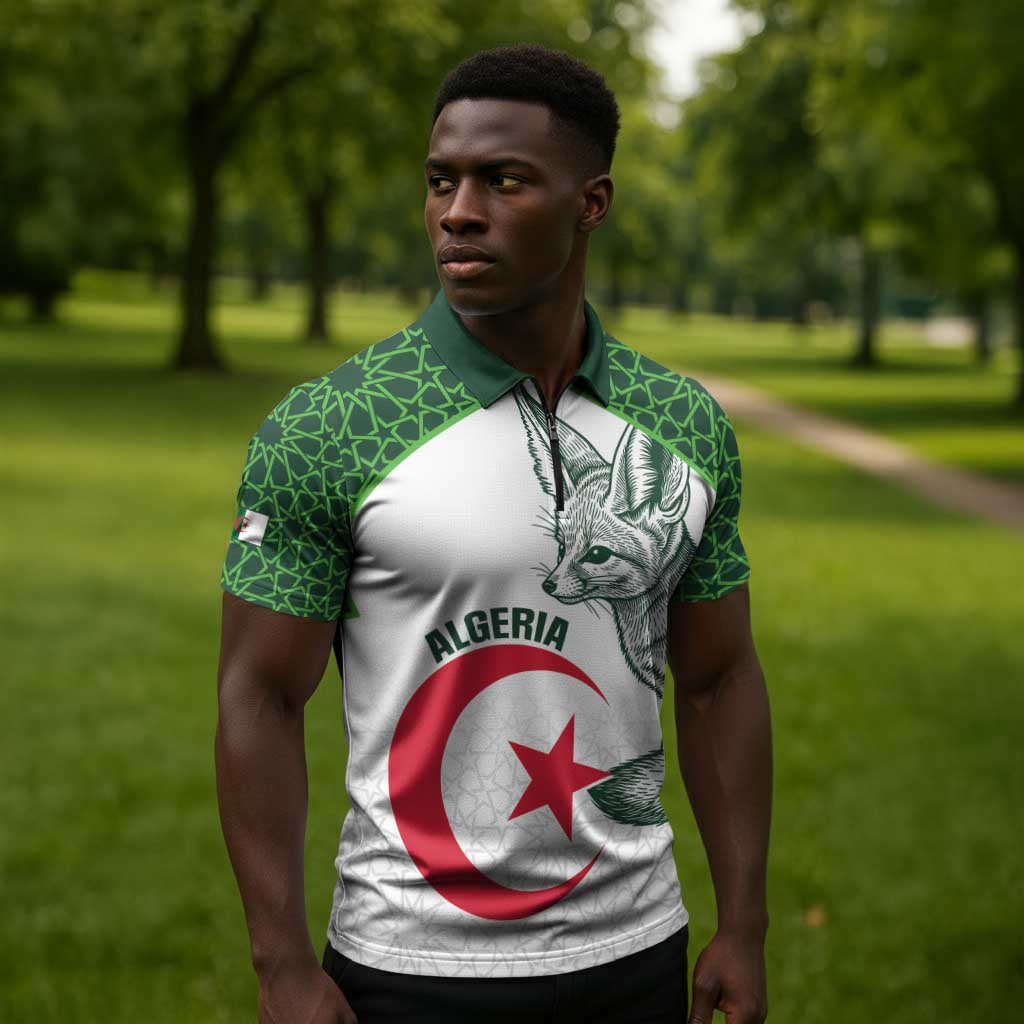 Custom Algeria Football Zipper Polo Shirt 2026 Go Greens Fennec With Islamic Pattern - Wonder Print Shop