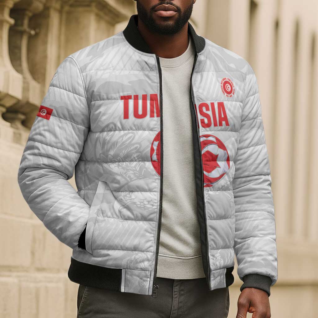 Custom Tunisia Football Bomber Puffer Jacket 2026 Eagles of Carthage White Grunge - Wonder Print Shop