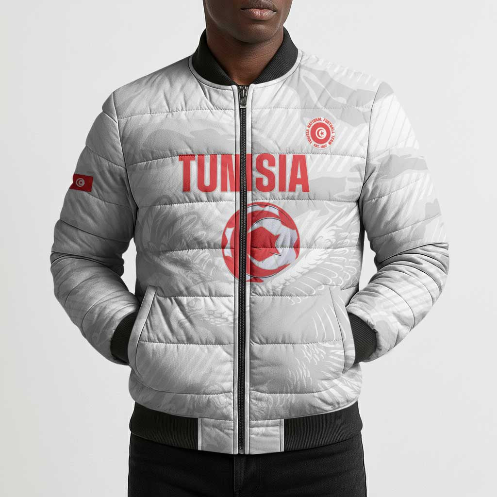 Custom Tunisia Football Bomber Puffer Jacket 2026 Eagles of Carthage White Grunge - Wonder Print Shop