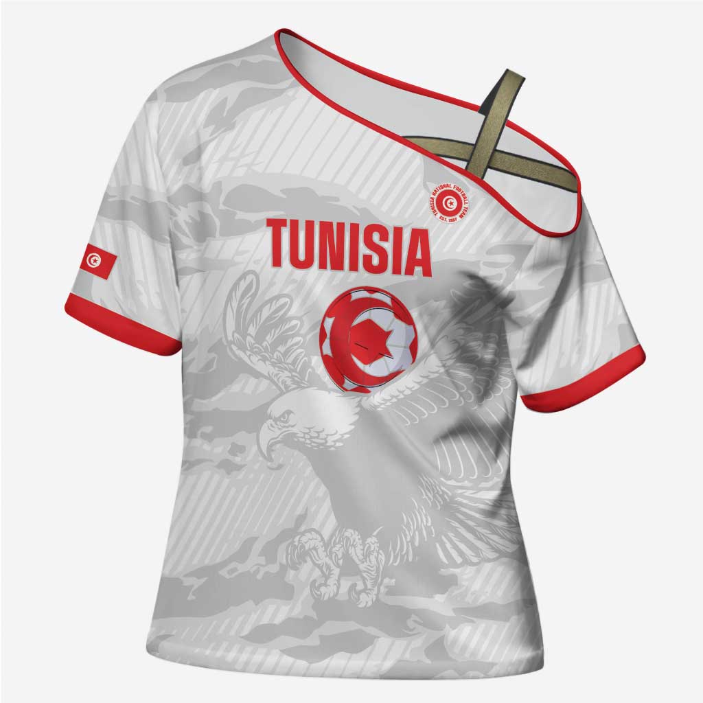 Custom Tunisia Football Cross Shoulder Shirt 2026 Eagles of Carthage White Grunge - Wonder Print Shop