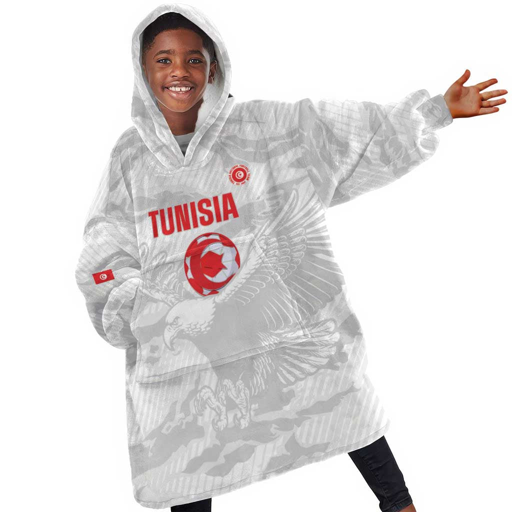 Custom Tunisia Football Kid Wearable Blanket Hoodie 2026 Eagles of Carthage White Grunge - Wonder Print Shop