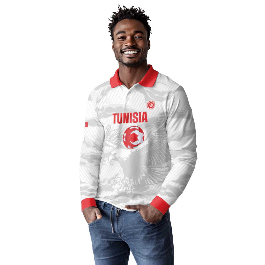 Custom Tunisia Football Long Sleeve Polo Shirt 2026 Eagles of Carthage White Grunge - Wonder Print Shop