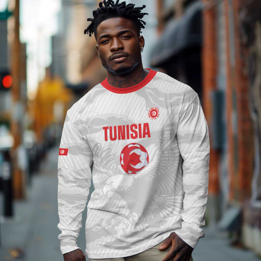 Custom Tunisia Football Long Sleeve Shirt 2026 Eagles of Carthage White Grunge - Wonder Print Shop