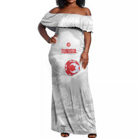 Custom Tunisia Football Off Shoulder Maxi Dress 2026 Eagles of Carthage White Grunge - Wonder Print Shop