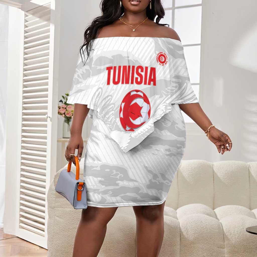 Custom Tunisia Football Off Shoulder Short Dress 2026 Eagles of Carthage White Grunge - Wonder Print Shop