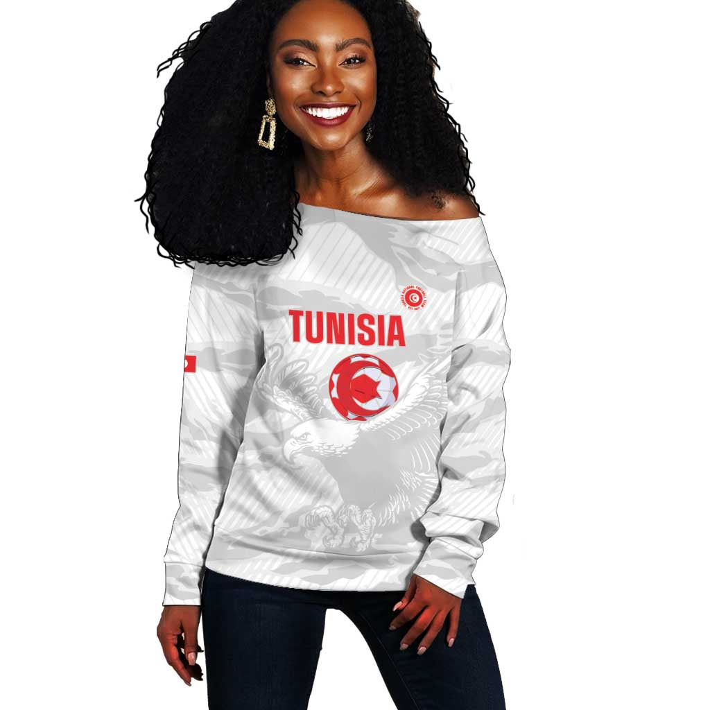 Custom Tunisia Football Off Shoulder Sweater 2026 Eagles of Carthage White Grunge - Wonder Print Shop