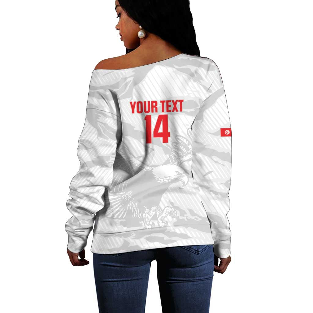 Custom Tunisia Football Off Shoulder Sweater 2026 Eagles of Carthage White Grunge - Wonder Print Shop