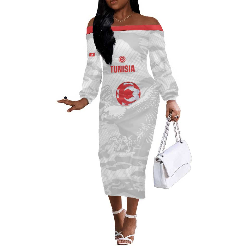 Custom Tunisia Football Off The Shoulder Long Sleeve Dress 2026 Eagles of Carthage White Grunge - Wonder Print Shop