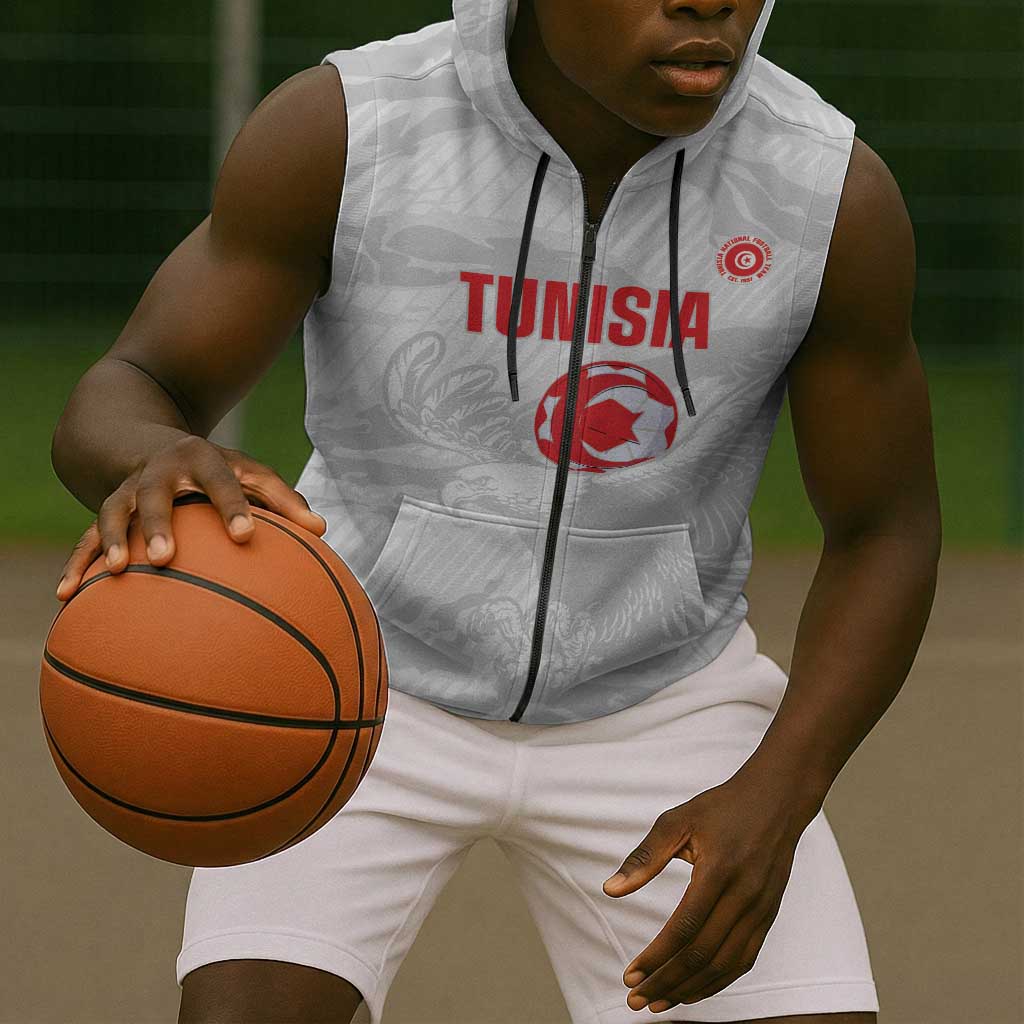 Custom Tunisia Football Sleeveless Zip Hoodie 2026 Eagles of Carthage White Grunge - Wonder Print Shop