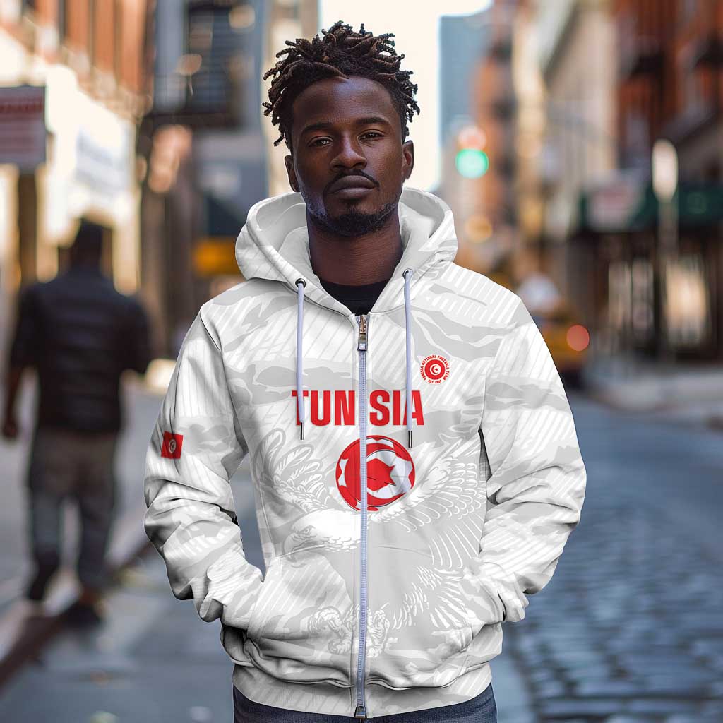Custom Tunisia Football Zip Hoodie 2026 Eagles of Carthage White Grunge - Wonder Print Shop