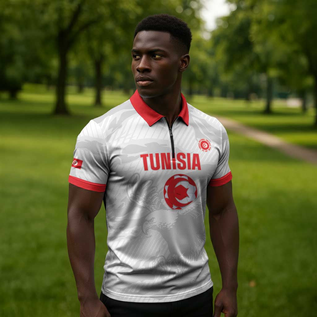 Custom Tunisia Football Zipper Polo Shirt 2026 Eagles of Carthage White Grunge - Wonder Print Shop