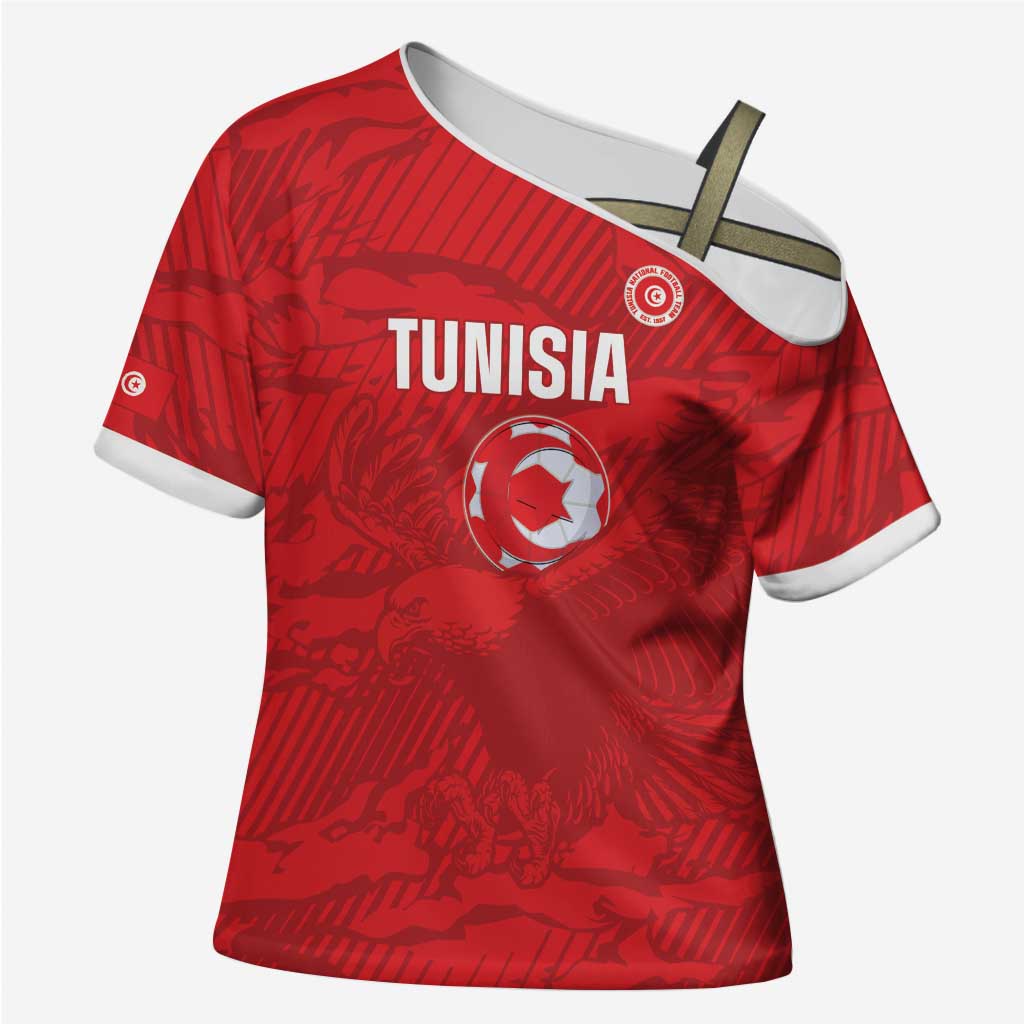 Custom Tunisia Football Cross Shoulder Shirt 2026 Eagles of Carthage Red Grunge - Wonder Print Shop