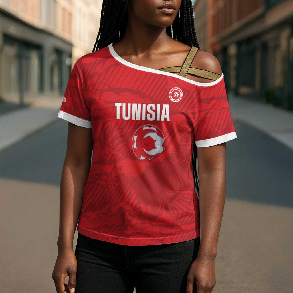 Custom Tunisia Football Cross Shoulder Shirt 2026 Eagles of Carthage Red Grunge - Wonder Print Shop