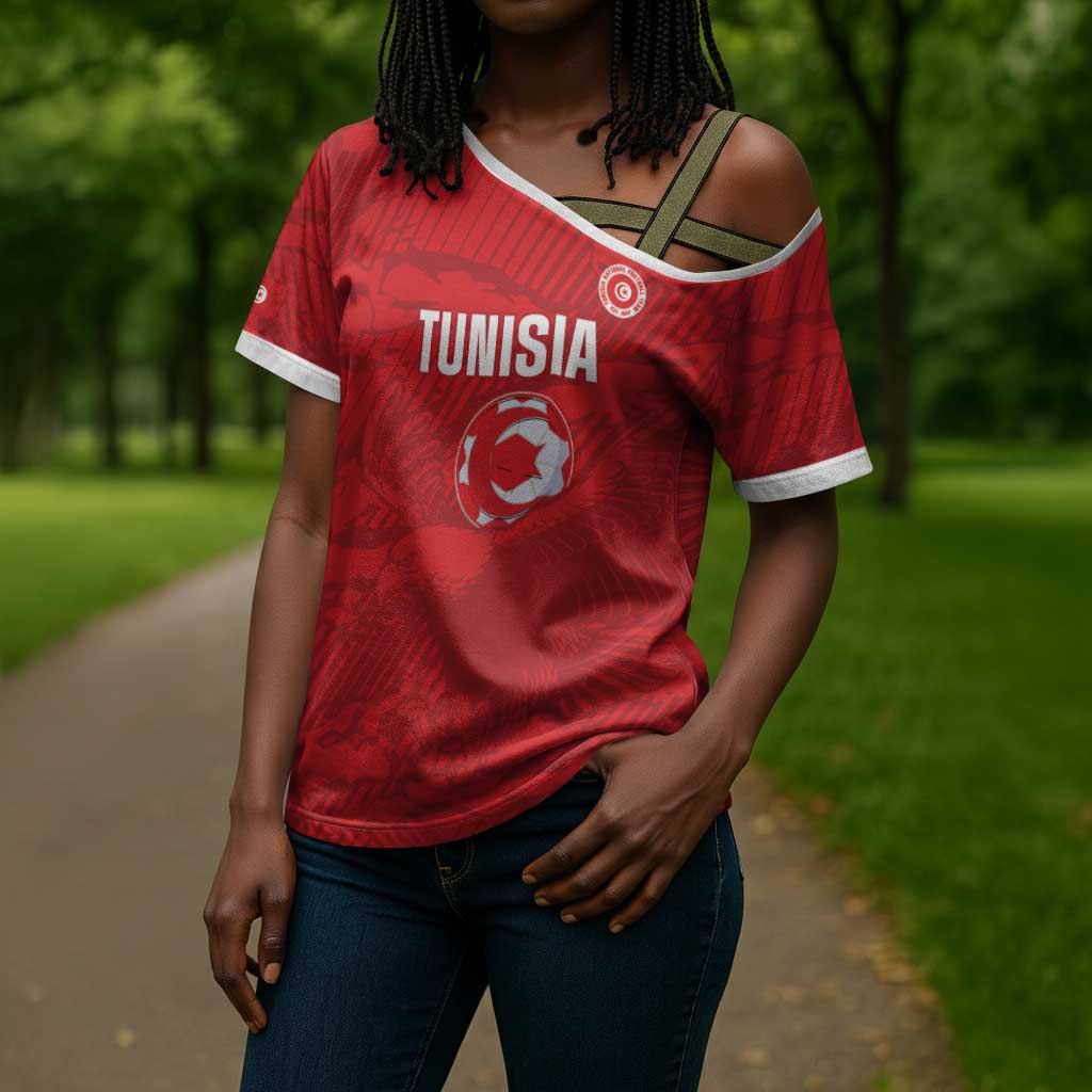 Custom Tunisia Football Cross Shoulder Shirt 2026 Eagles of Carthage Red Grunge - Wonder Print Shop