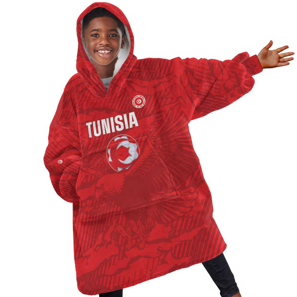 Custom Tunisia Football Kid Wearable Blanket Hoodie 2026 Eagles of Carthage Red Grunge - Wonder Print Shop