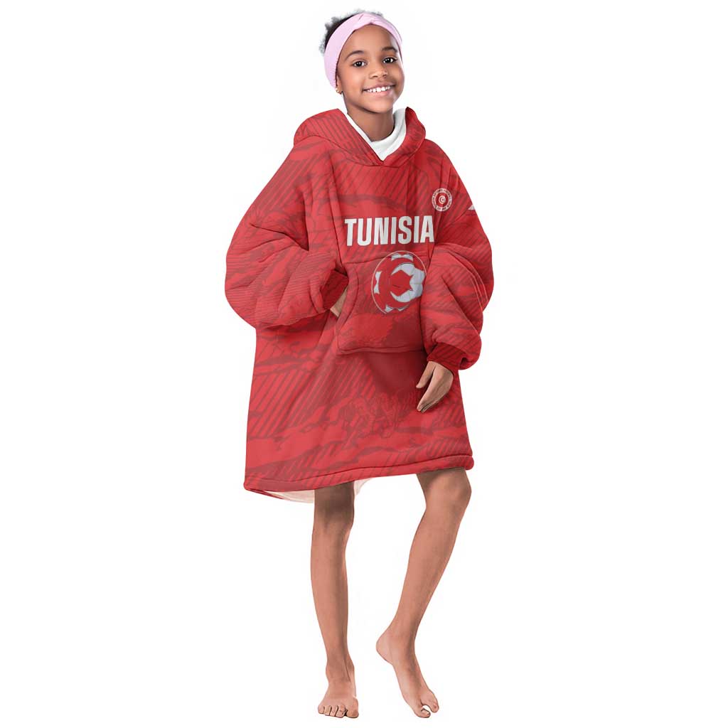 Custom Tunisia Football Kid Wearable Blanket Hoodie 2026 Eagles of Carthage Red Grunge - Wonder Print Shop
