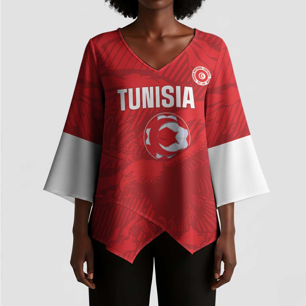 Custom Tunisia Football Kimono Sleeve Blouse 2026 Eagles of Carthage Red Grunge - Wonder Print Shop