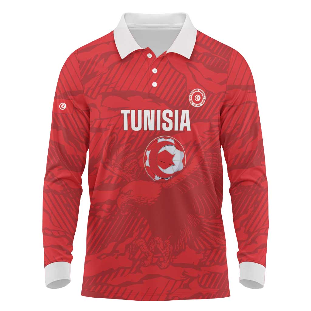 Custom Tunisia Football Long Sleeve Polo Shirt 2026 Eagles of Carthage Red Grunge - Wonder Print Shop