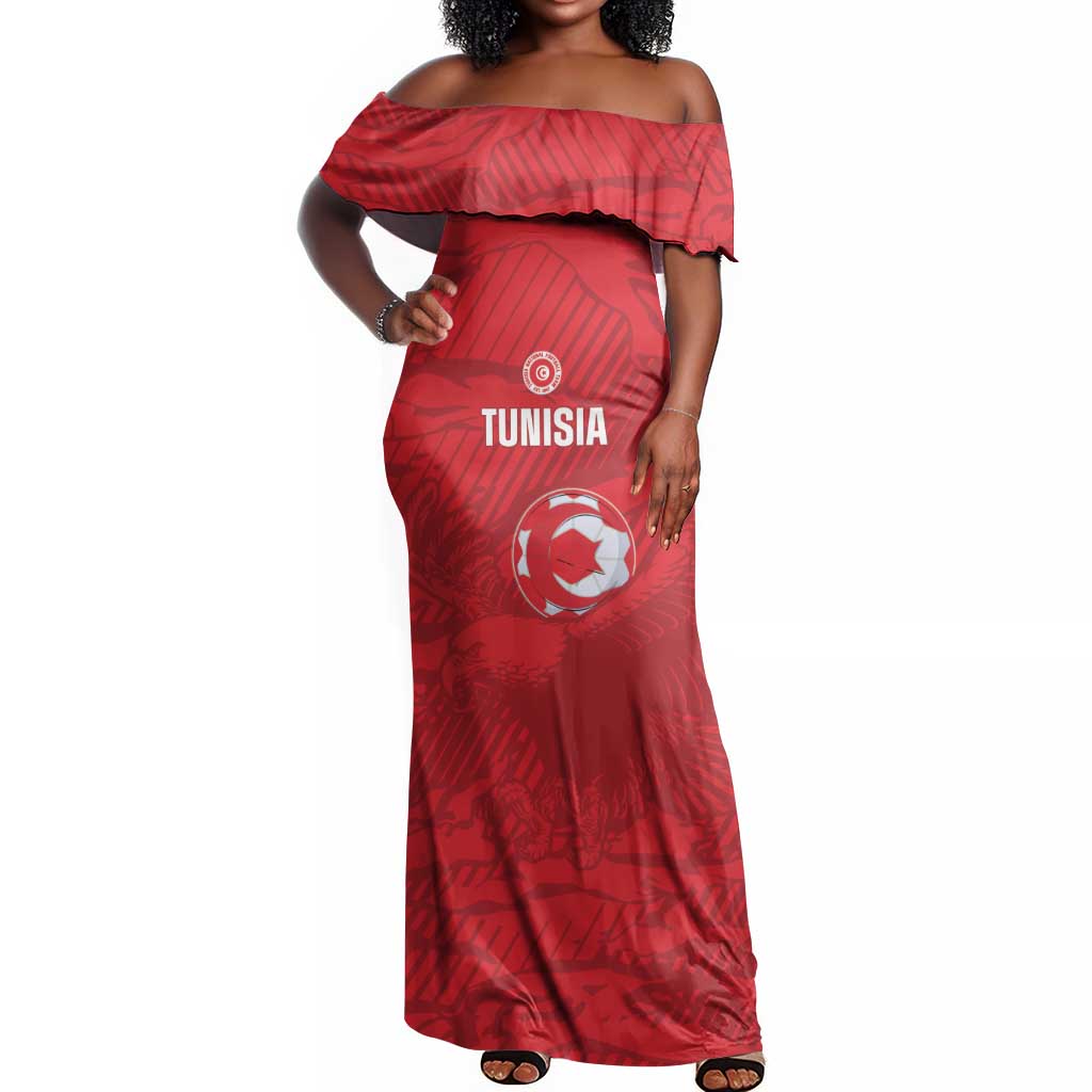 Custom Tunisia Football Off Shoulder Maxi Dress 2026 Eagles of Carthage Red Grunge - Wonder Print Shop