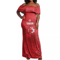 Custom Tunisia Football Off Shoulder Maxi Dress 2026 Eagles of Carthage Red Grunge - Wonder Print Shop