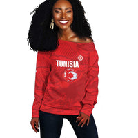 Custom Tunisia Football Off Shoulder Sweater 2026 Eagles of Carthage Red Grunge - Wonder Print Shop