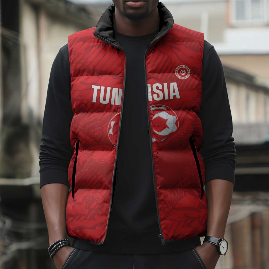 Custom Tunisia Football Sleeveless Puffer Jacket 2026 Eagles of Carthage Red Grunge - Wonder Print Shop