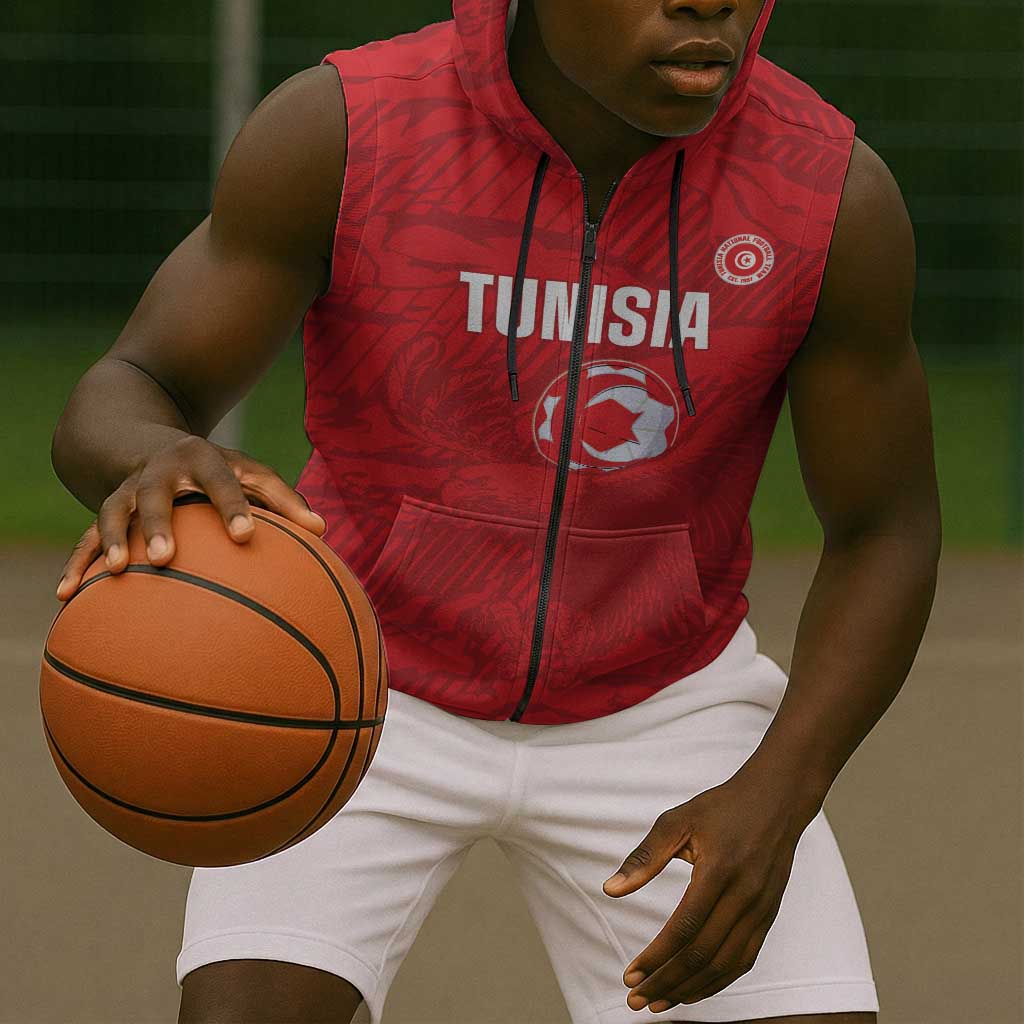Custom Tunisia Football Sleeveless Zip Hoodie 2026 Eagles of Carthage Red Grunge - Wonder Print Shop