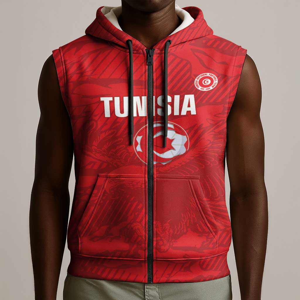 Custom Tunisia Football Sleeveless Zip Hoodie 2026 Eagles of Carthage Red Grunge - Wonder Print Shop