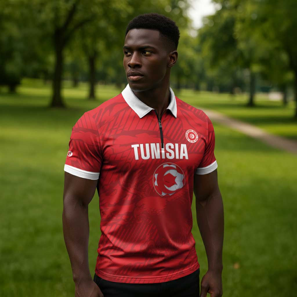 Custom Tunisia Football Zipper Polo Shirt 2026 Eagles of Carthage Red Grunge - Wonder Print Shop