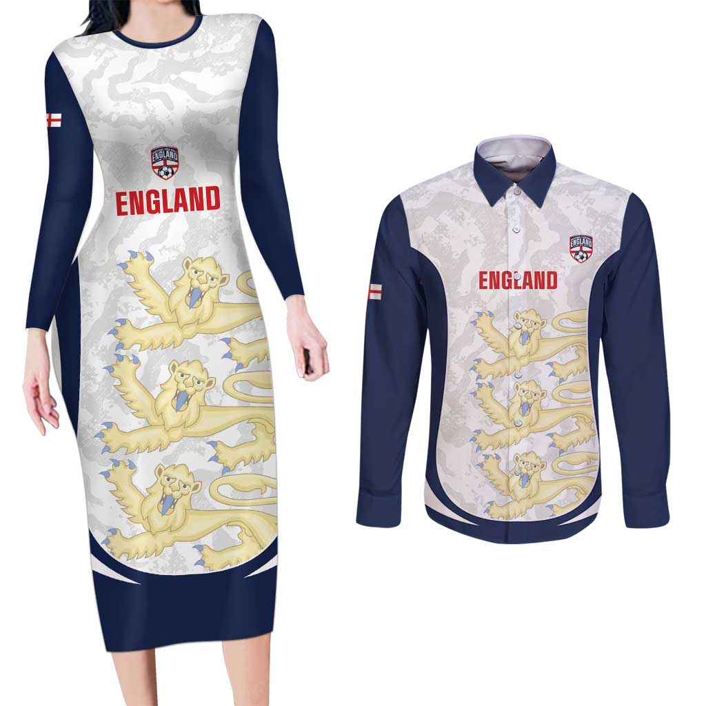 Custom England 2026 Football Couples Matching Long Sleeve Bodycon Dress and Long Sleeve Button Shirt Go Three Lions Grunge Style - Wonder Print Shop