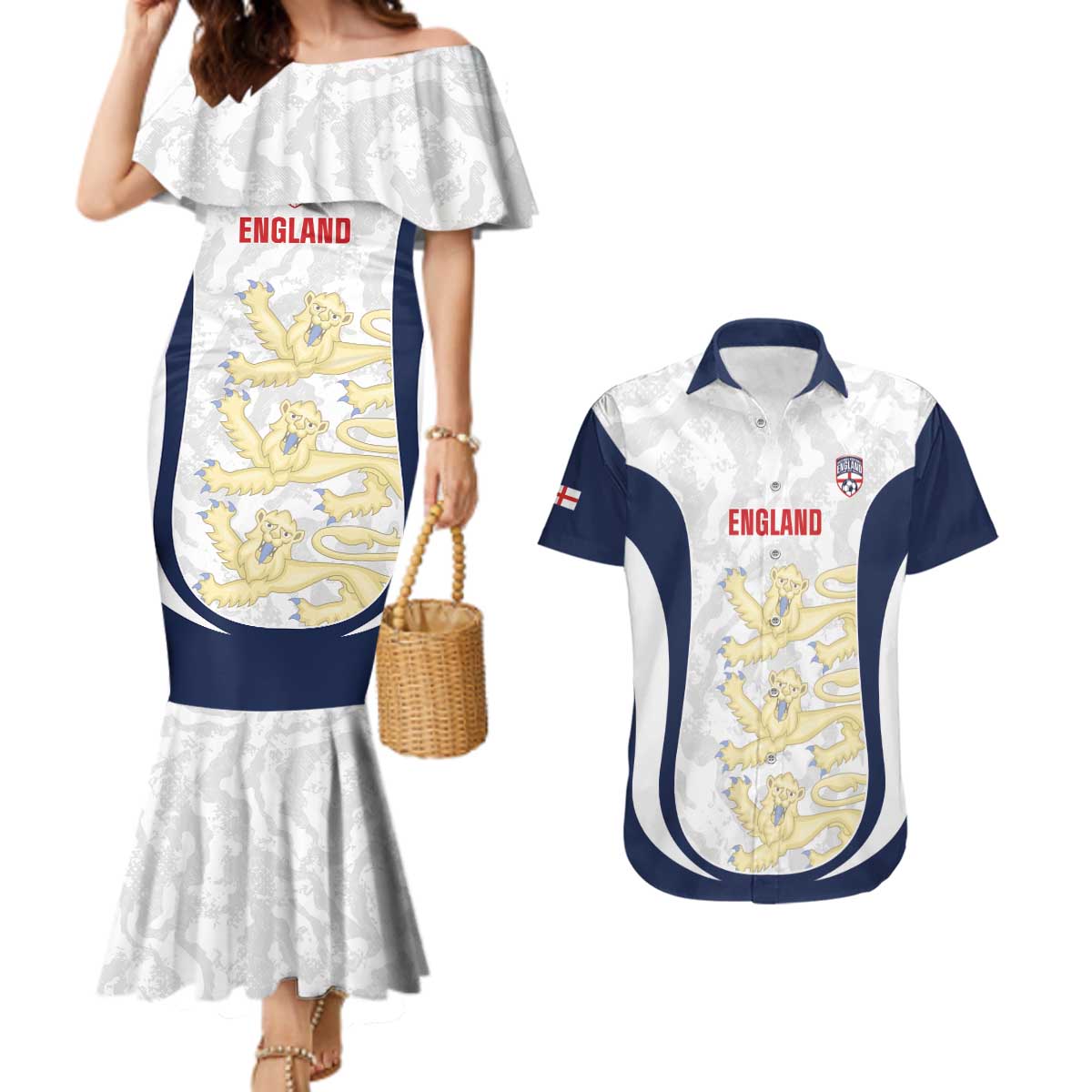 Custom England 2026 Football Couples Matching Mermaid Dress and Hawaiian Shirt Go Three Lions Grunge Style - Wonder Print Shop