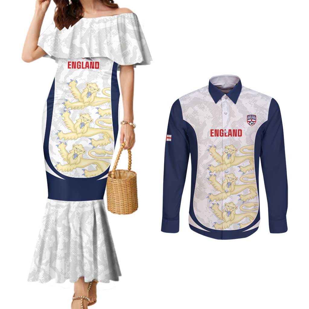 Custom England 2026 Football Couples Matching Mermaid Dress and Long Sleeve Button Shirt Go Three Lions Grunge Style - Wonder Print Shop