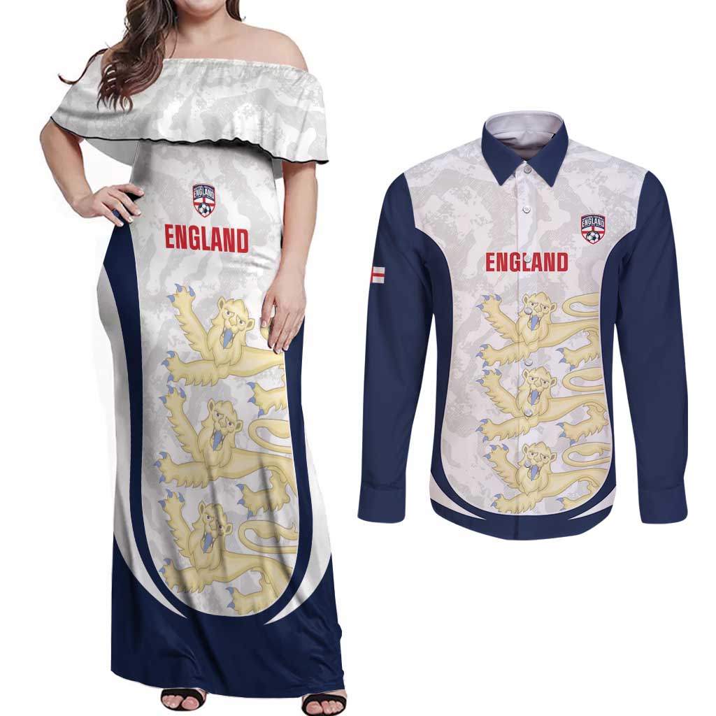 Custom England 2026 Football Couples Matching Off Shoulder Maxi Dress and Long Sleeve Button Shirt Go Three Lions Grunge Style - Wonder Print Shop