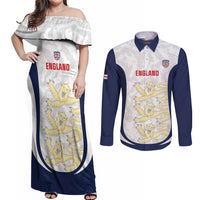 Custom England 2026 Football Couples Matching Off Shoulder Maxi Dress and Long Sleeve Button Shirt Go Three Lions Grunge Style - Wonder Print Shop