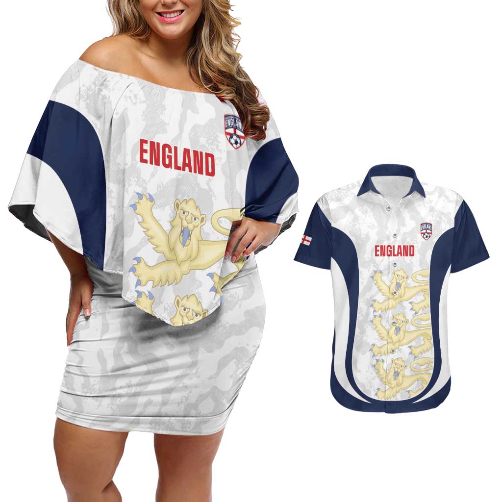 Custom England 2026 Football Couples Matching Off Shoulder Short Dress and Hawaiian Shirt Go Three Lions Grunge Style - Wonder Print Shop