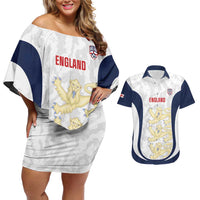 Custom England 2026 Football Couples Matching Off Shoulder Short Dress and Hawaiian Shirt Go Three Lions Grunge Style - Wonder Print Shop