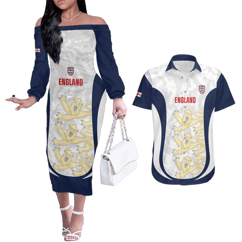 Custom England 2026 Football Couples Matching Off The Shoulder Long Sleeve Dress and Hawaiian Shirt Go Three Lions Grunge Style - Wonder Print Shop